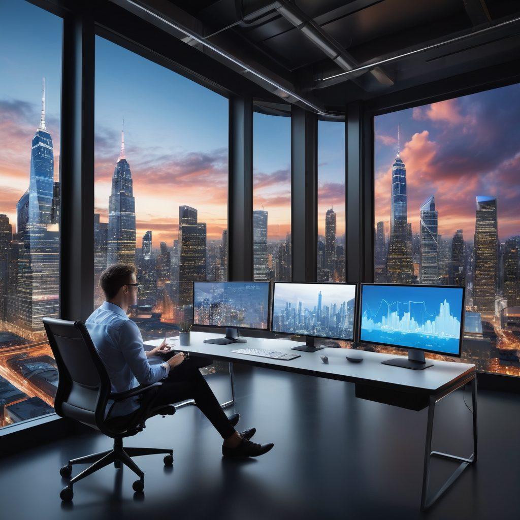 A modern blogger sitting at a sleek desk with multiple screens displaying graphs and tech trends, surrounded by digital elements like cloud icons and data streams. A futuristic cityscape visible through a window, showcasing the integration of technology in everyday life. Bright, vibrant colors highlight the digital tools and devices. sleek and professional style. super-realistic. vibrant colors.
