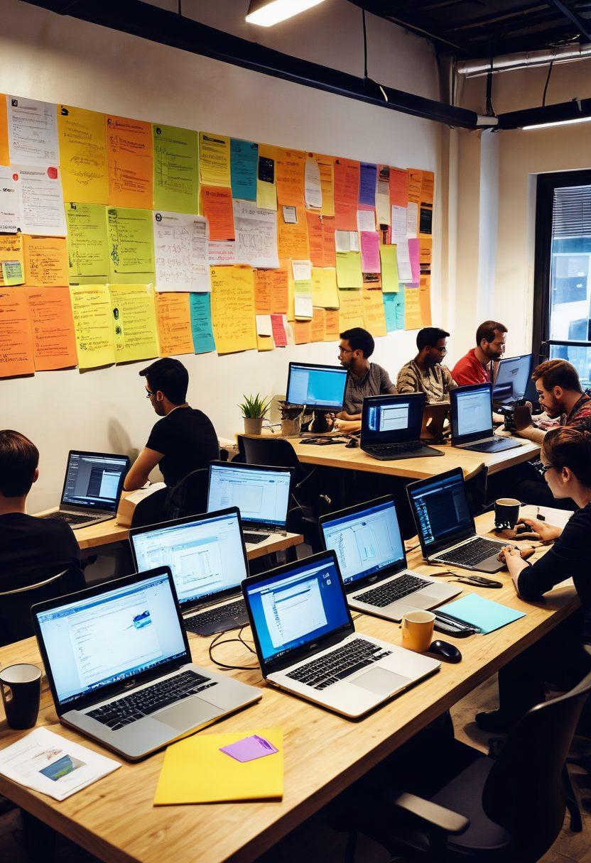 A vibrant workspace featuring a diverse group of bloggers passionately discussing software development and tech reviews. Include multiple laptops, colorful sticky notes, charts, and tech gadgets scattered around. The scene should reflect creativity and collaboration, with soft lighting highlighting their focused expressions. Incorporate a stylish coffee mug or two for an informal touch. super-realistic. vibrant colors. 3D.