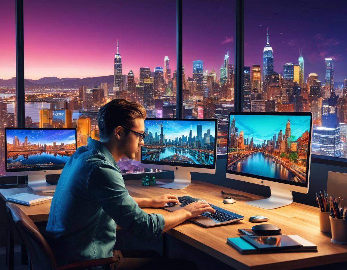 A dynamic collage of a content creator at a desk with a laptop, surrounded by colorful digital designs and web elements like mockups and coding snippets. In the background, a city skyline symbolizes the digital landscape. The scene feels vibrant and energetic, showcasing the transition from ideas to visual reality. super-realistic. vibrant colors. 3D.